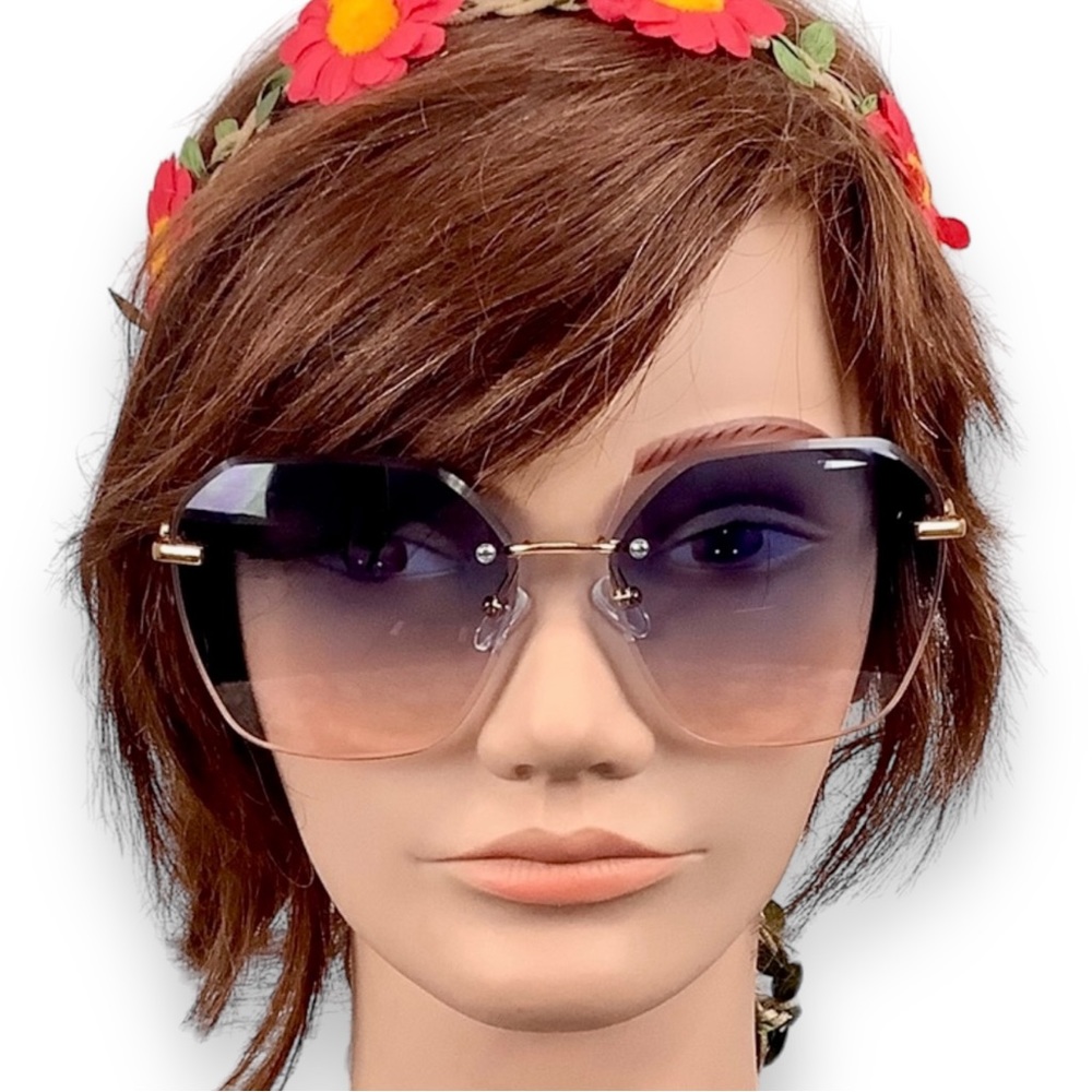 Oversized Rimless Geometric Blue Ombré Fashion Sunglasses